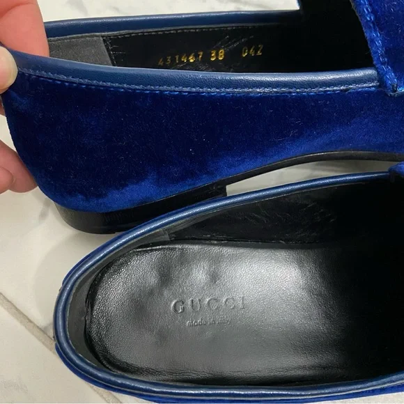 Gucci Jordaan Loafers Cobalt Blue Agata Velvet Womens EUR 38 - Picture 11 of 13